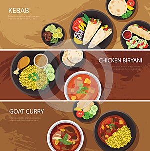 Halal food web banner flat design , kebab, chicken biryani, goat photo