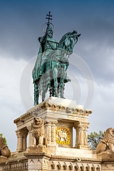 Halaszbastya - The famous Fisherman`s Bastion after rain  with statue of King Stephen I, Budapest, Hungary, Europe