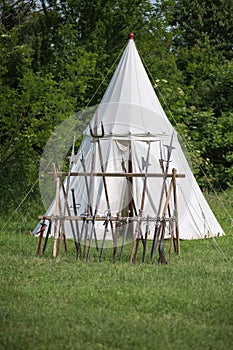 Halberds, Medieval Pole Spears, Weapons and White Tent in background