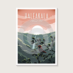 Haleakala National Park poster illustration, waterfall forest scenery poster