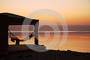 Ð¡halet at sunset, Dead sea.