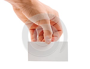 Half of a blank paper sheet in the hand is isolated on a white background