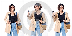 Half body of Asian Indian 20s working woman with curl hair hold cell smart phone, backpack
