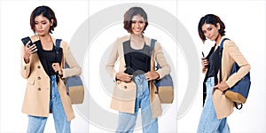 Half body of Asian Indian 20s working woman with curl hair hold cell smart phone, backpack