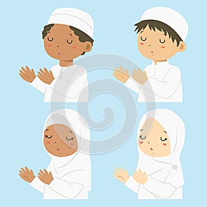 Half Body Muslim Children Praying, Cartoon Vector Set