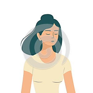 Half body portrait of a beautiful young Asian woman girl in a T-shirt with closed eyes meditating. Design element