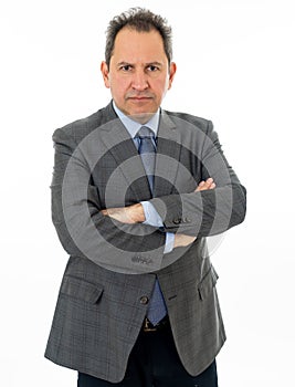 Half body portrait of happy confident middle aged businessman isolated on white background