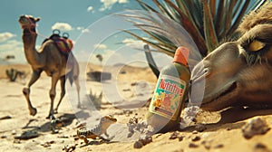 Half-buried in the sultry sands of the Sahara is a bottle of shampoo, AI generated