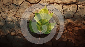A half-burned leaf on cracked earth symbolizes drought, river symbolizes of climate change