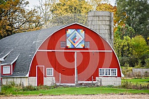 Half Circle Red Barn with Quilt