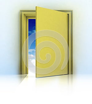 Half closed door in golden frame door with blue sky