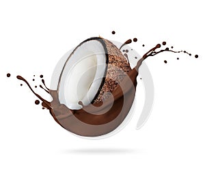 Half of a coconut in chocolate splashes on a white background