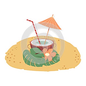 Half coconut with drink, cocktail straw and umbrella, flowers and monstera leaves on a sandy island
