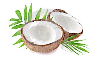 half coconut with green leaves isolated on white background