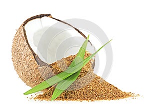 Half of coconut, green palm leaves and brown coconut sugar isolated on white background. Healthy sugar alternative