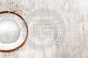 half coconut on a light white wooden background, closeup. Top view