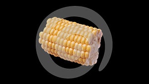 Half corn cobs spin and float - sweet corn isolated, alpha channel included