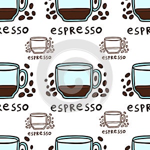 Half Cup Of Espresso And Coffee Beans Vector Seamless Pattern