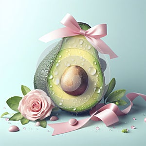 Half cut avocado with bone adorned with water drops white background, womans health. ai generative