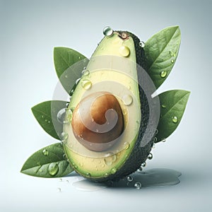 Half cut avocado with bone adorned with water drops white background, womans health. ai generative