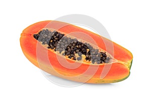 Half cut of ripe papaya with seeds isolated on white