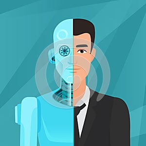 Half cyborg, half human man businessman in suit vector illustration.