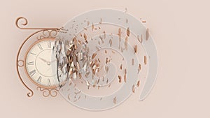 Half destroyed clock with fragments flying off