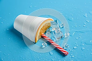 Half of a disposable glass with an orange slice and a cocktail tube on a blue background with ice cubes