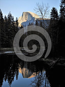 Half Dome Reflected on Merced River in Winter at Yosemite National Park