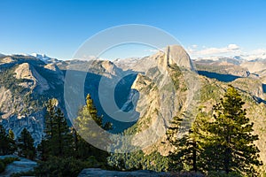 Half Dome rock and Valley from Glacier Point - Panorama View Point at Yosemite National Park in the Sierra Nevada, California, USA