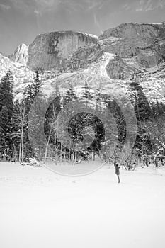 Half dome in Yosemite National Park, from Mirror Lake - black an