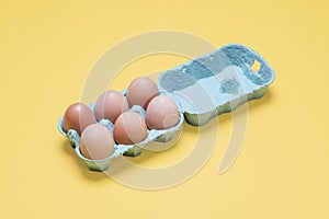 Half dozen organic free range brown eggs in an fully open egg carton container