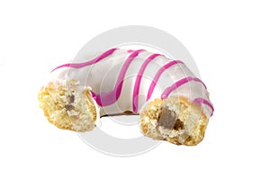 Half eaten doughnut with pink stripes isolated on white