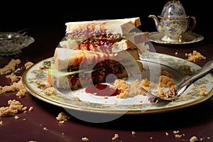 half-eaten sandwich on a plate with crumbs and sauce