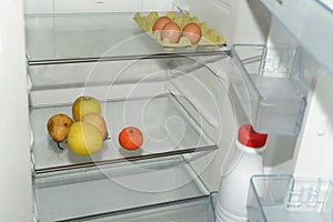 Half-empty open refrigerator, some fruits, three eggs and a bottle of milk. Concept of food shortages