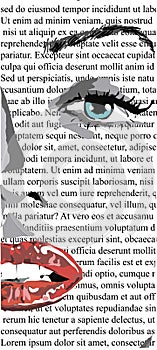 Half Face of girl with red lips on white newspaper like mere lin monroe. clip art of a beautiful woman with red lips like mere-lin