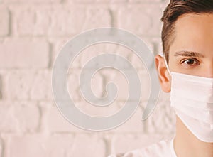 Half face of tired doctor in medical mask with copy space