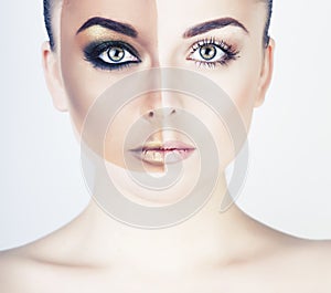 half faced woman with creative makeup like before sunbathe and after isolated on white