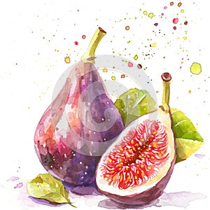 A half fig in watercolor, with rich purple and vibrant red splashes