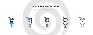 Half filled cocktail glass icon in different style vector illustration. two colored and black half filled cocktail glass vector