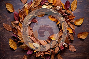 half-finished autumn wreath with scattered leaves