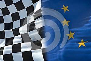 Half flags of checkered flag, end race and half European Union f