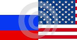 Half flags of united states of america and half russian flag with puzzle pieces background falling down on chroma key green