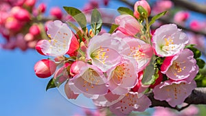 Half frame of pink apple tree flower branches isolated white