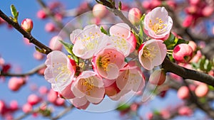 Half frame of pink apple tree flower branches isolated white