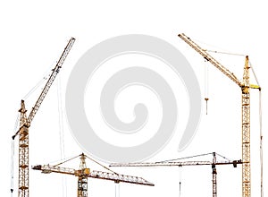 Half frame from yellow hoisting cranes isolate on white