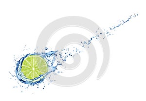 Half of fresh lime in water splash with full depth of field isolated on white background.