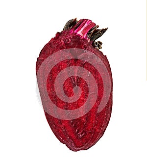 Half of fresh ripe Beet cut in shape of heart muscle myocard. Healthy vegetable concept