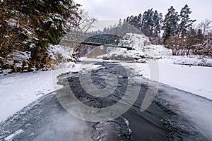 Half-frozen Hornad river with rapids in winter at sunset Slovak Paradise.