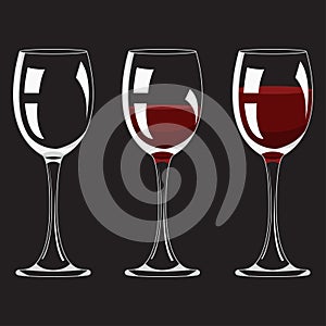 Half and Full Glass and with Red Wine Set Realistic Empty Alcohol Drink. Vector